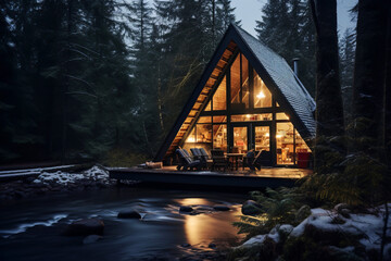 Modern wooden frame house in a winter snowy forest in the evening next to the river - obrazy, fototapety, plakaty