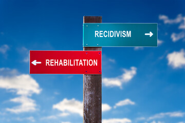 Recidivism versus Rehabilitation - Road sign with two options.