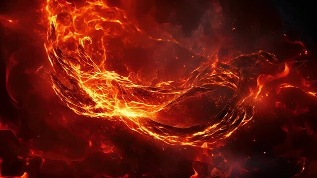 Glowing embers of an intense crimson fire spiral and stretch high warping and twisting in an eerie chaotic dance.