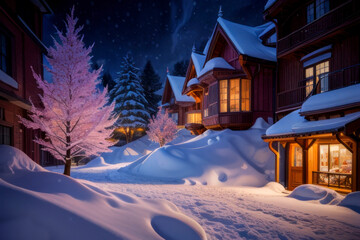 Colorful poster winter night landscape snowy village in photorealistic style