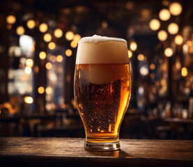 Cold beer in a glass, closed in a dark pub with lights in the background.