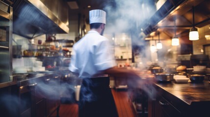 Fototapeta premium Chef. Blurred restaurant kitchen background. Open kitchen with light bokeh