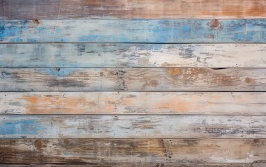 Texture of vintage wood boards with cracked paint of light blue, beige, brown and white color....