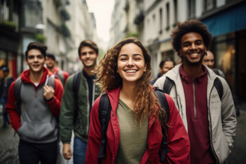 Naklejka premium Group of young happy friends walking in the street of the city. Smiling students laughing and having fun togethers