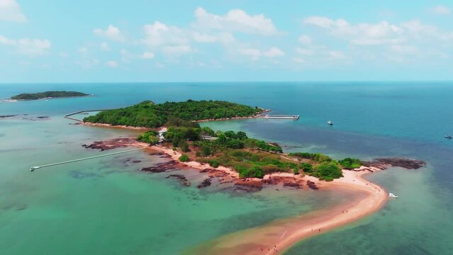 Aerial drone shot of separate sea and beach, Koh Man Nai island, Thailand.
