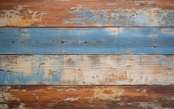 Beautiful Pastel blue and beige color texture of old cracked wooden boards. Horizontal artistic background with space for design.