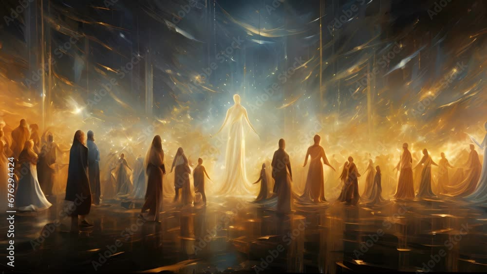 Poster an array of angelic figures soar through the sky weaving a magical pattern of light and wonder as th