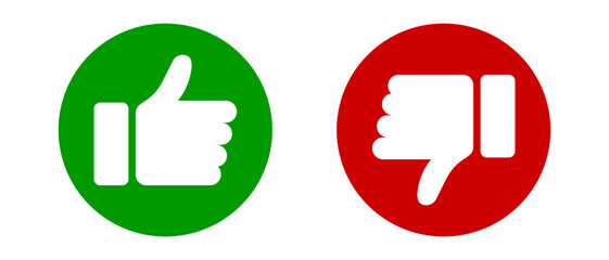 Thumb up and thumb down icons set in green and red colors. Like and dislike icon. Flat style - stock vector EPS 10 - obrazy, fototapety, plakaty