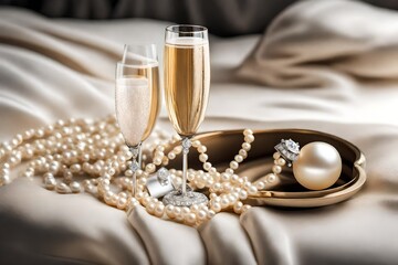 champagne and pearls with diamond ring on a bed setting with candle-