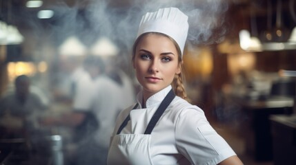 Female chef standing in restaurant kitchen, posing for the camera, cooking show