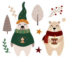 Christmas bear clipart in cartoon flat style. Cute winter bears vector illustration