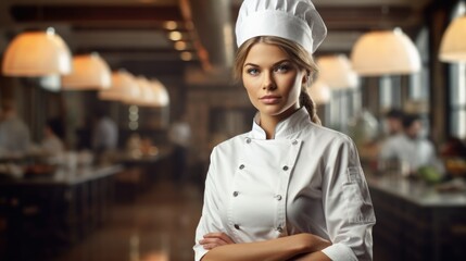 Fototapeta premium Female chef standing in restaurant kitchen, posing for the camera, cooking show