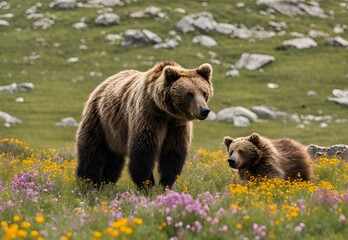 Obraz premium A picturesque moment in the Deosai National Park, with wildflowers swaying in the breeze beneath the watchful gaze of the Himalayan brown bears.