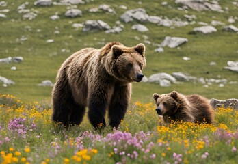 A picturesque moment in the Deosai National Park, with wildflowers swaying in the breeze beneath the watchful gaze of the Himalayan brown bears.