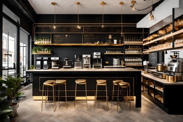 An ultra-modern black and gold coffee station with intelligent brewing options, set in a trendy cafe with abstract, industrial-inspired design elements. - obrazy, fototapety, plakaty