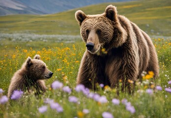 A picturesque moment in the Deosai National Park, with wildflowers swaying in the breeze beneath the watchful gaze of the Himalayan brown bears. - obrazy, fototapety, plakaty