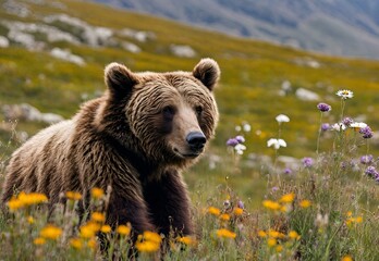 Fototapeta premium A picturesque moment in the Deosai National Park, with wildflowers swaying in the breeze beneath the watchful gaze of the Himalayan brown bears.