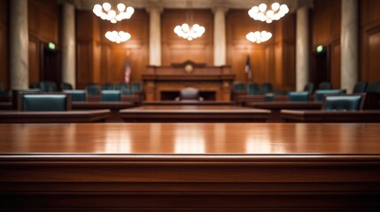 Background of an empty courtroom. Empty blurred courtroom background - obrazy, fototapety, plakaty