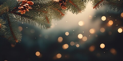 Christmas Holiday background with fir tree and decorations with christmas festive fairy bokeh lights, Happy New Year. Beautiful background. Decorated Blurred de-focused garland lights, gold bokeh