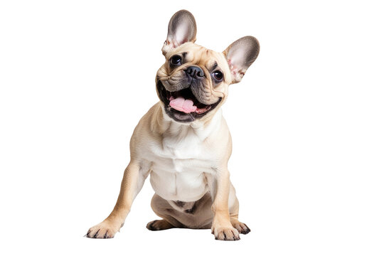a high quality stock photograph of a single laughing happy jumping french bulldog full body isolated on a white background
