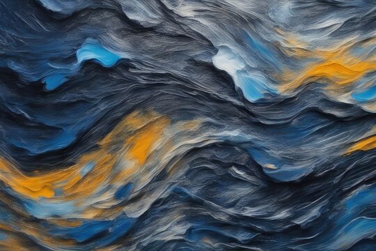 Closeup of abstract rough colorfuldark blue art painting texture background wallpaper, with oil or acrylic brushstroke waves, pallet knife paint on canvas