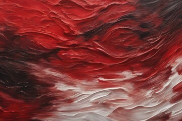 Closeup of abstract rough colorfuldark red art painting texture background wallpaper, with oil or acrylic brushstroke waves, pallet knife paint on canvas
