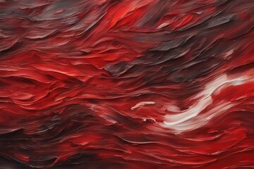 Closeup of abstract rough colorfuldark red art painting texture background wallpaper, with oil or acrylic brushstroke waves, pallet knife paint on canvas
