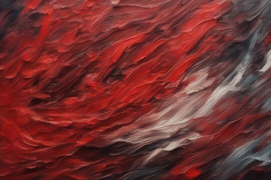 Closeup of abstract rough colorfuldark red art painting texture background wallpaper, with oil or acrylic brushstroke waves, pallet knife paint on canvas