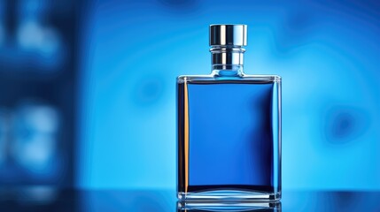 Blue perfume bottle on a blue background. Mockup men perfume bottle - obrazy, fototapety, plakaty