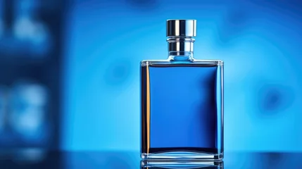 Fotobehang Blue perfume bottle on a blue background. Mockup men perfume bottle © brillianata