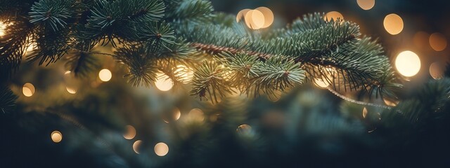 Christmas Holiday background with fir tree and decorations with christmas festive fairy bokeh...