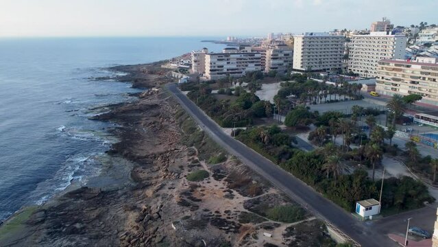 Aerial drone video at Cabo Cervera showing Torrevieja in the backgound