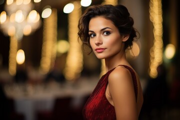 a beautiful young woman at a formal Christmas gala, her radiant appearance and elegance portraying the liberated and magical mood of a special holiday event held in a grand ballroom