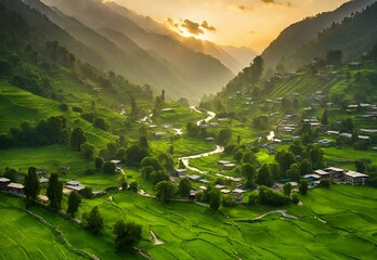 A serene image capturing the lush green valleys of Swat in Pakistan during the golden hour.