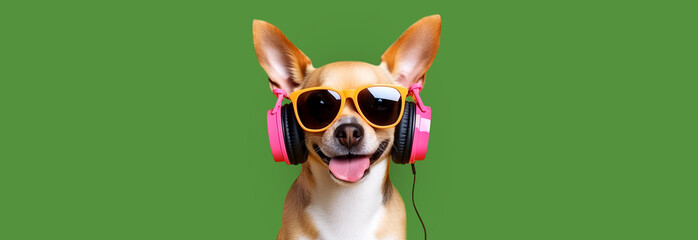 Funny dog with headphones on a color background. - obrazy, fototapety, plakaty