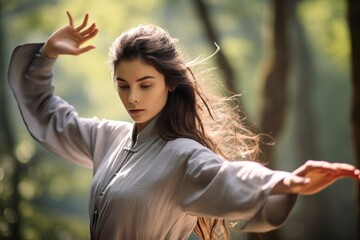 a young woman engaged in a Tai Chi session, illustrating the harmonious connection between mental and physical wellness