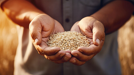Farmers hands holding rice grains beautiful natural,Close-up of farmer's hands with paddy seed.