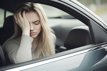 Stressed woman driver car after depression. Traffic auto looking pain. Generate Ai - obrazy, fototapety, plakaty