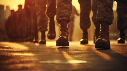 Special armed forces. Army.Marching army of men in uniform and boots ,close up,Army boots close up.