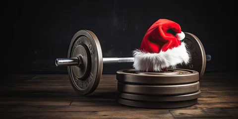 Crédence de cuisine en verre imprimé Fitness Father Christmas hat on a gym dumbbell weight. New year resolution and healthy lifestyle, red Santa hat. Exercise equipment fitness gift. holiday season winter composition. Gym workout, sport training