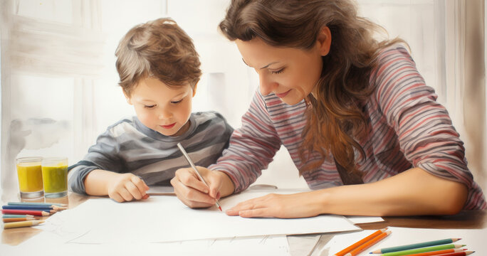 Mother and her son drawing together,mother helping with homework to her son indoor.