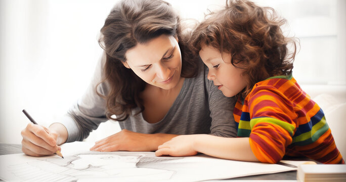 Mother and her son drawing together,mother helping with homework to her son indoor.