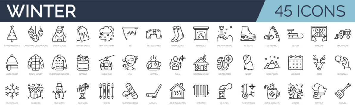 Set of 45 outline icons related to winter. Linear icon collection. Editable stroke. Vector illustration