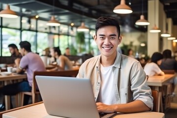 Obraz premium Young man working on laptop, student or freelancer with computer sitting in cafe at table looking in camera. AI generative