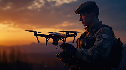 Silhouette of Soldiers using drones scouting during military, Modern army guidance views enemy positions,Military using Drone for Scouting During Operation Military. - obrazy, fototapety, plakaty