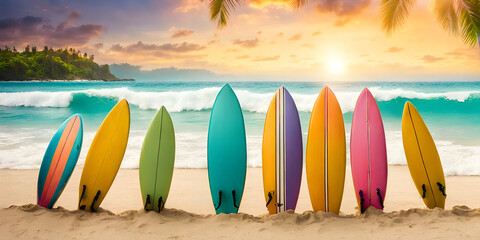 Naklejka premium colorful surfboards standing in tropical beach sand with ocean in the background.