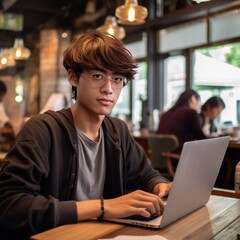 Fototapeta premium Young man working on laptop, student or freelancer with computer sitting in cafe at table looking in camera. AI generative
