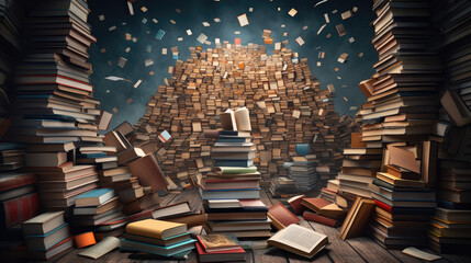 A room full of stacks of books piled up to the ceiling in a magical library or bookshop - obrazy, fototapety, plakaty