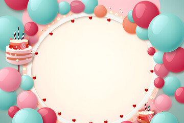 Happy birthday template design. Birthday greeting card with cake and balloons party decoration elements on background.