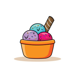 Three scoops of gelato ice cream cups in various flavors with colorful sprinkles topping ; Cartoon vector illustration